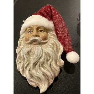 Santa Claus Large Face Glittery Ornament‎ Holiday Christmas Tree Heavy Resin NEW